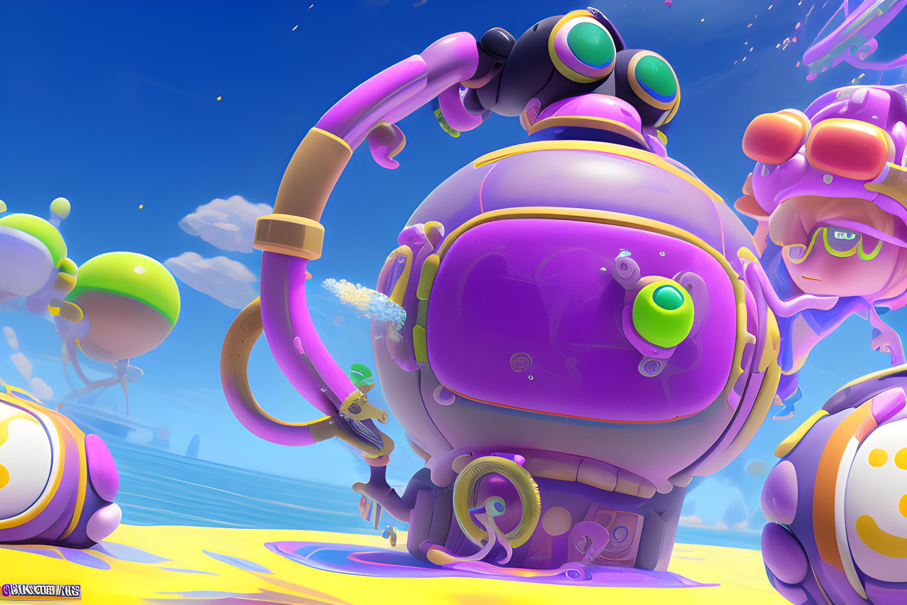 je veux un fond d'écran de taille 1920x1200 sur le thème Splatoon 3, avec une inkling dessus et un bassineur avec un beau fond